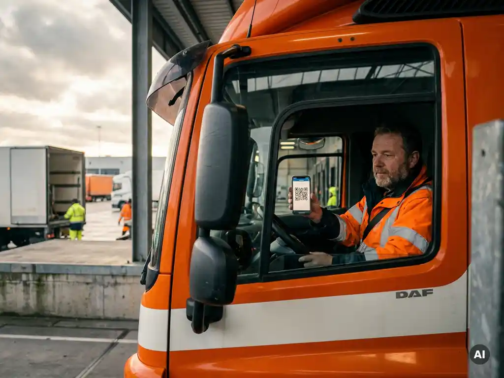 Vrachtwagenchauffeur bij laaddok toont QR-code op smartphone voor digitale check-in, industriële achtergrond wazig op de achtergrond.