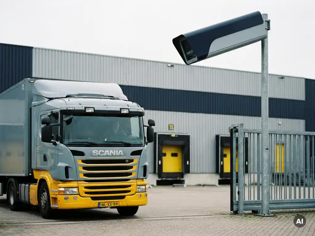 Nederlandse vrachtwagen nadert distributiecentrum terwijl kentekenherkenningscamera op hoge paal de nummerplaat scant.