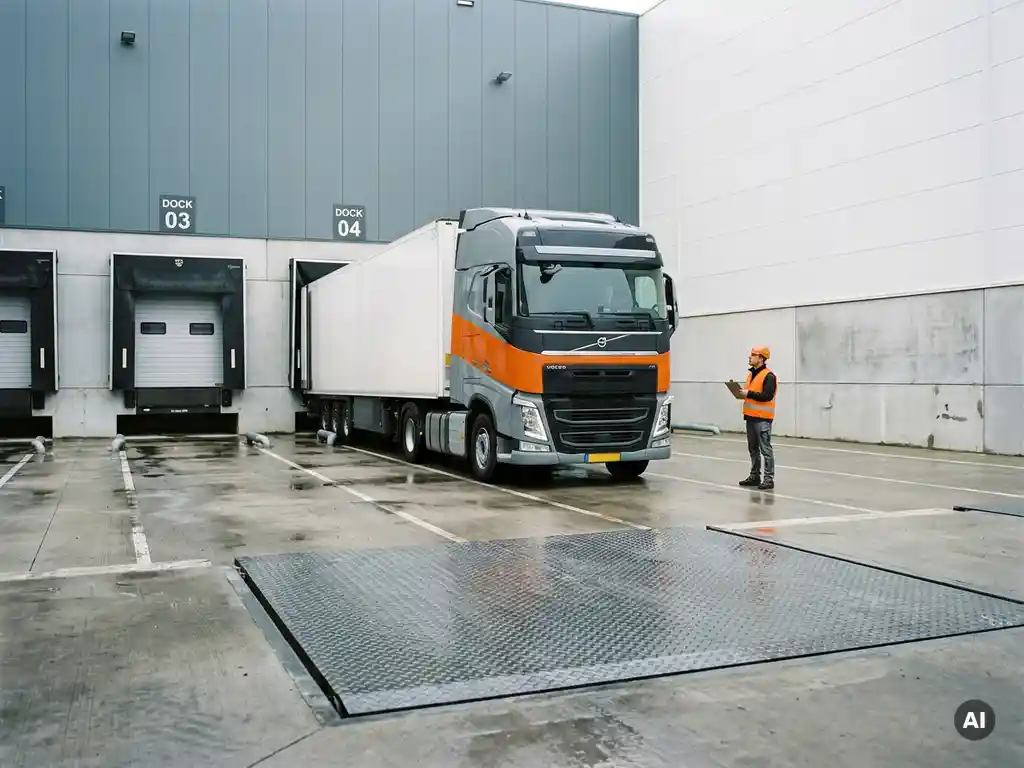 Volvo-vrachtwagen rijdt achteruit naar laadperron van modern distributiecentrum, logistiek planner met klembord op de voorgrond.