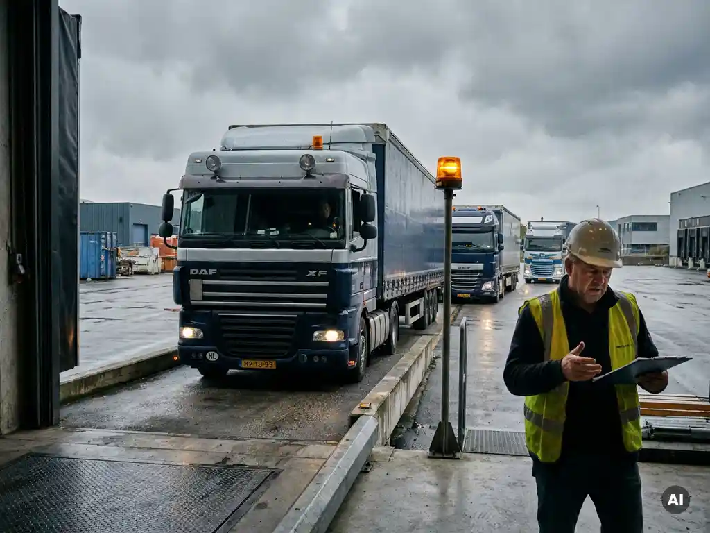 Gestrest dockmanager met klembord bij drukke laadkade terwijl Nederlandse vrachtwagen te laat arriveert, twee trucks wachten in grijs industrieel terrein.
