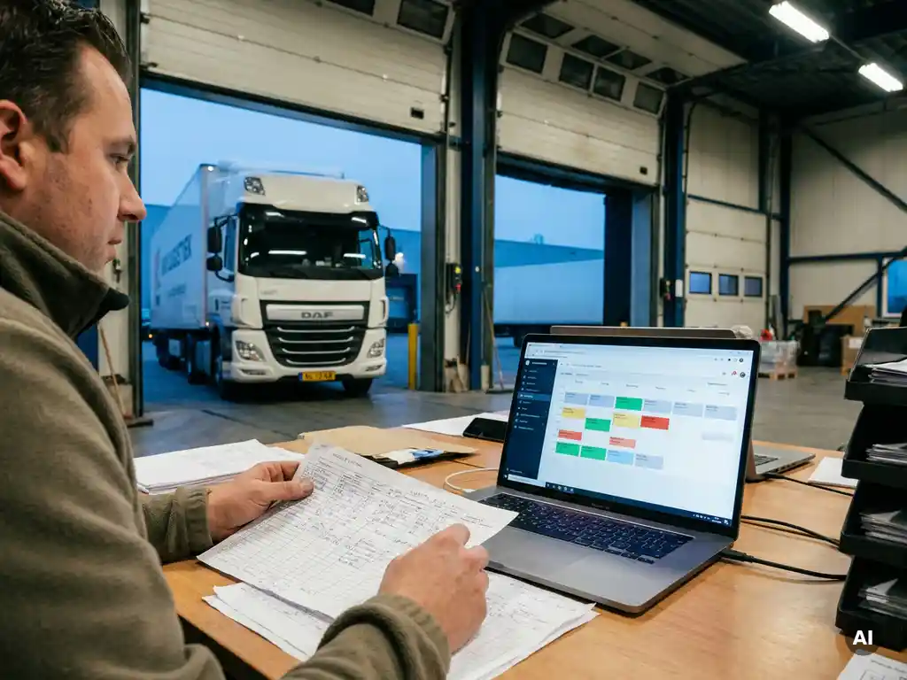 Logistiek planner legt rommelig spreadsheetoverzicht neer naast laptop met planningssoftware, terwijl vrachtwagen achteruitrijdt naar laaddock.