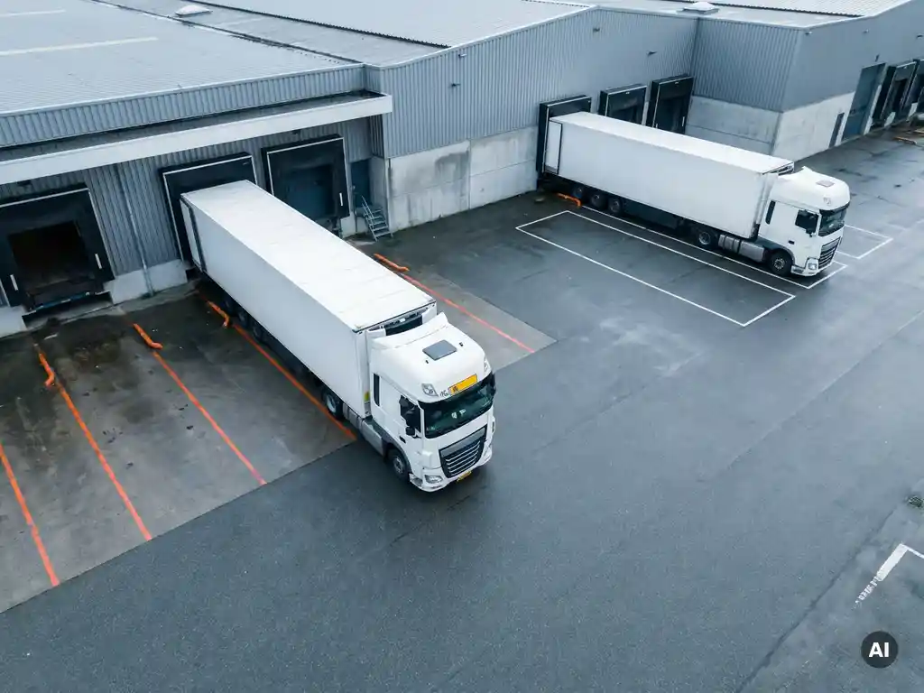 Witte vrachtwagen met Nederlands kenteken rijdt achteruit naar laaddock terwijl tweede truck wacht in parkeerzone, luchtfoto.
