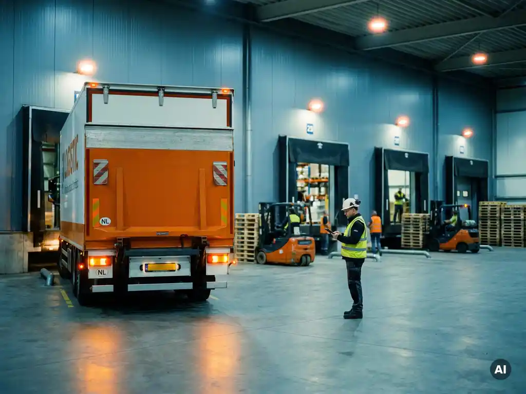 Oranje-witte Nederlandse vrachtwagen rijdt achteruit naar laaddok, magazijnbeheerder met tablet overziet meerdere dockbays.