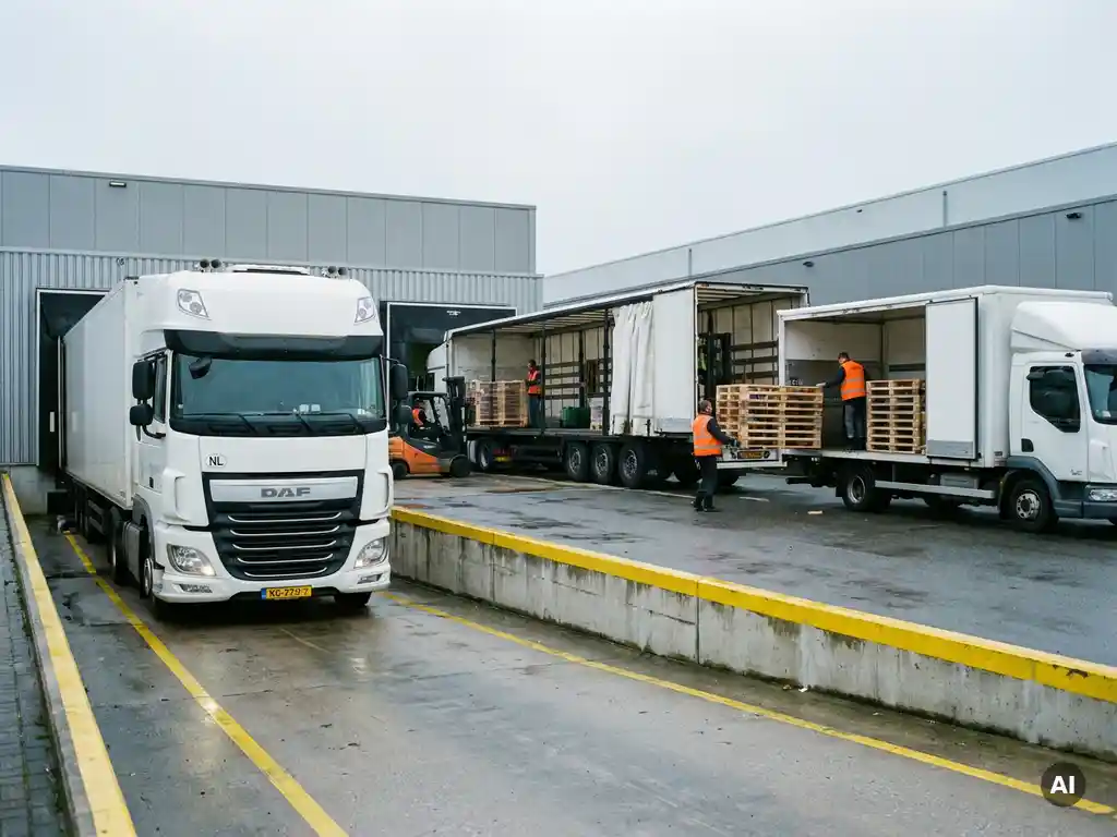 Witte Nederlandse vrachtwagen rijdt laaddock binnen terwijl pallets worden overgeladen op uitgaande truck, gele veiligheidsmarkeringen op betonnen perron.