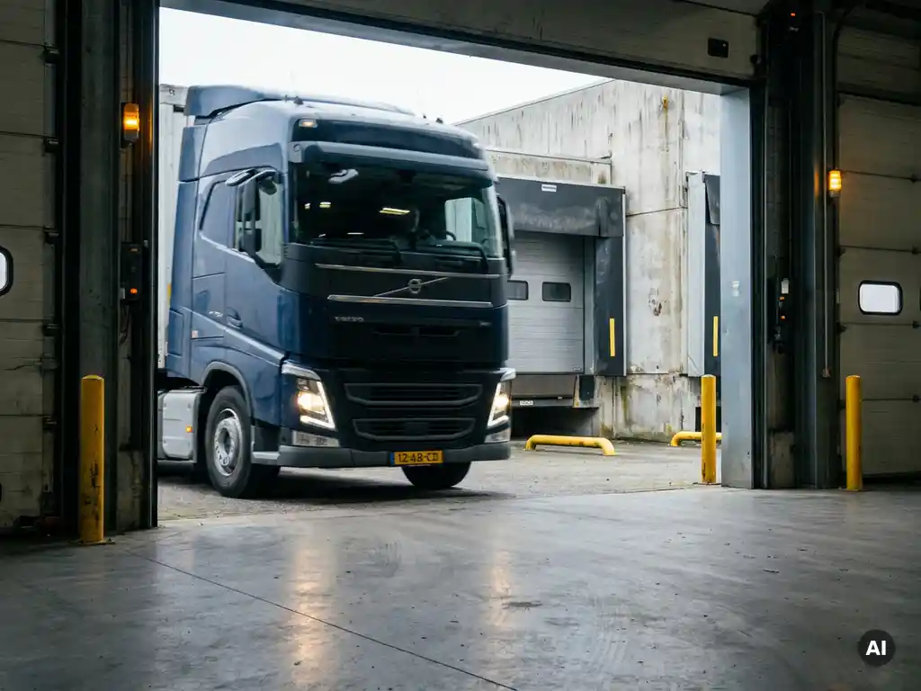 Nederlandstalige vrachtwagen rijdt achteruit een moderne laaddock in, met zichtbaar kenteken en gele dockbumpers op de achtergrond.