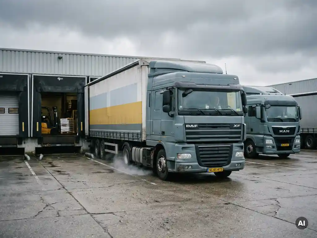 Nederlands gekentekende vrachtwagen bij laaddock van druk magazijn, tweede truck wachtend op betonnen terrein, vorkheftruck zichtbaar binnen.