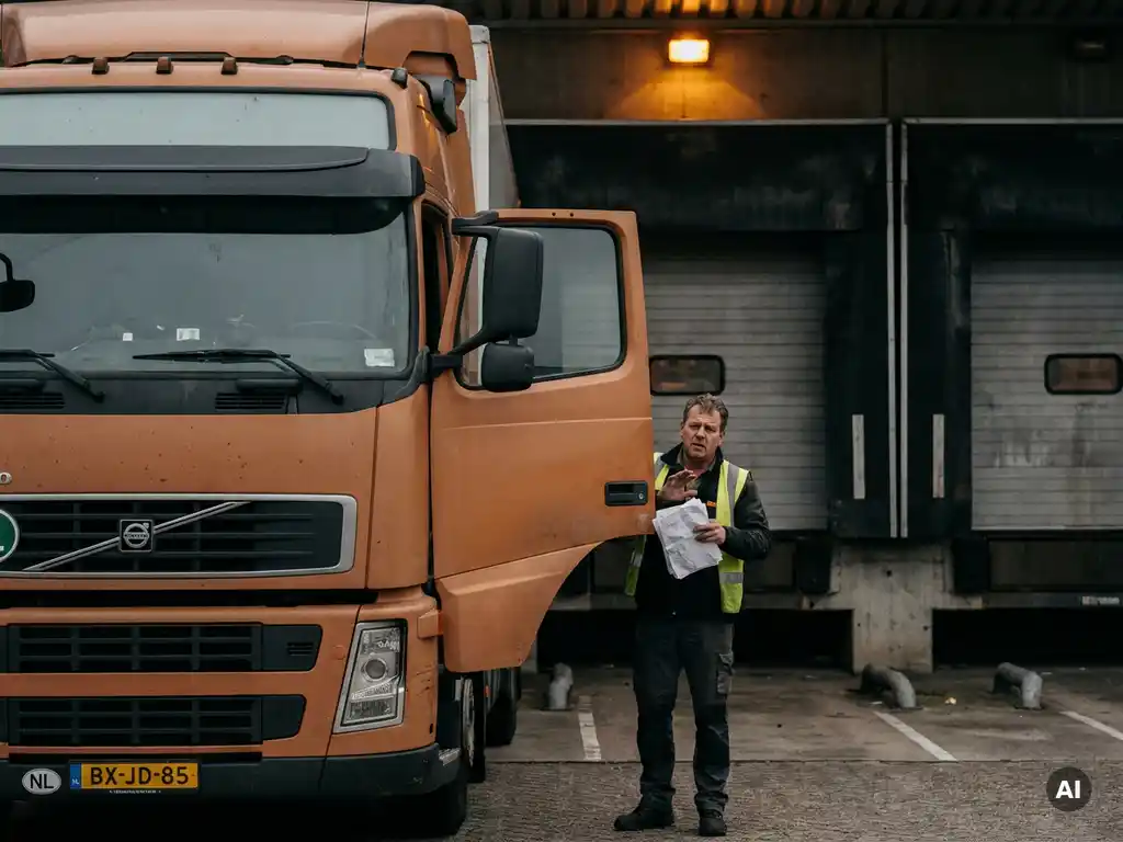 Gefrustreerde vrachtwagenchauffeur met onvolledige transportdocumenten bij laaddok van Nederlands distributiecentrum.
