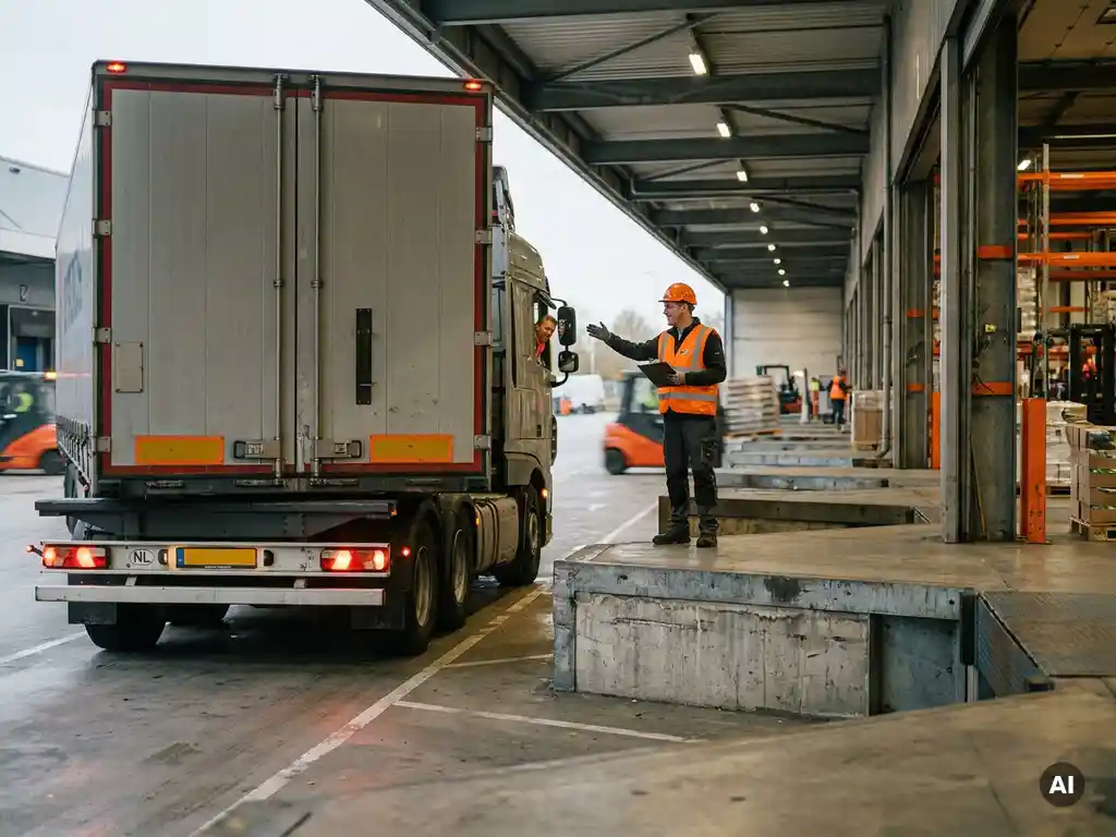 Nederlandse vrachtwagen rijdt distributiecentrum binnen, magazijnmedewerker met klembord verwelkomt chauffeur bij laadperron.