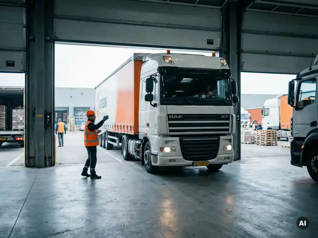 Nederlandse vrachtwagen rijdt achteruit naar laadperron van distributiecentrum, begeleid door magazijnmedewerker met klembord.
