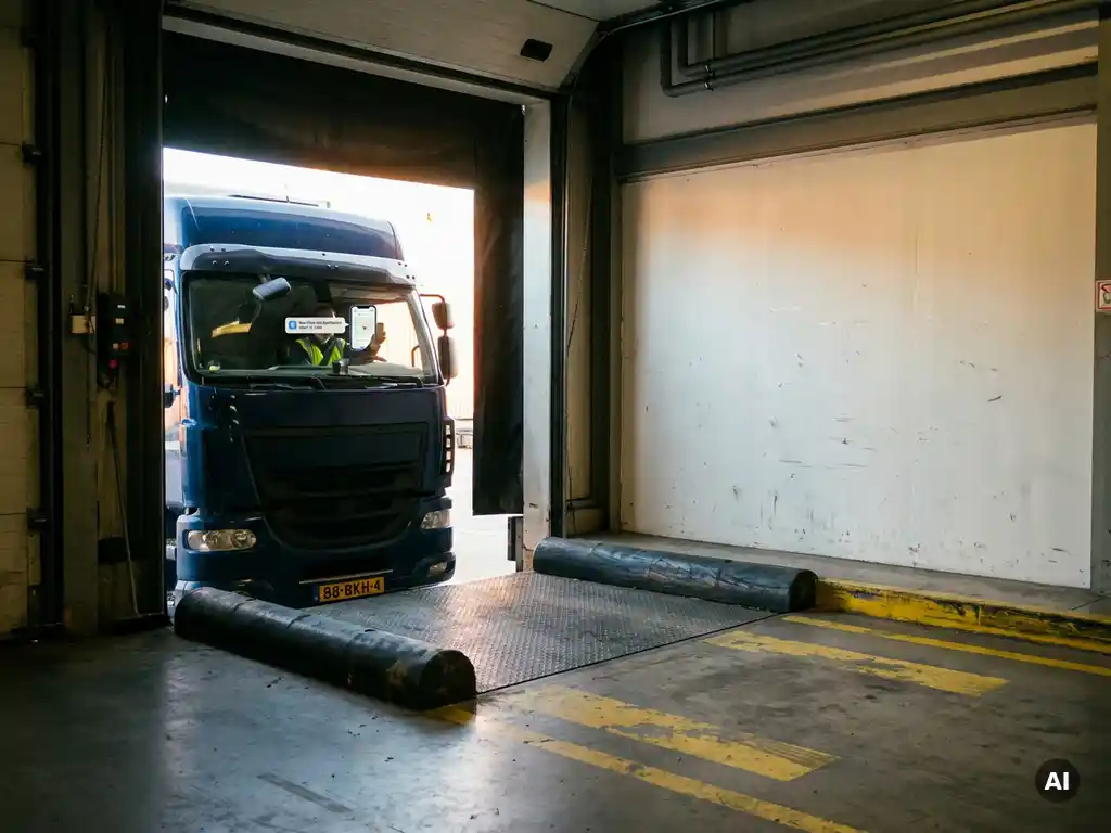 Nederlandse vrachtwagenchauffeur bekijkt realtime slotmelding op smartphone bij laaddock, omgeven door gele veiligheidsmarkeringen.