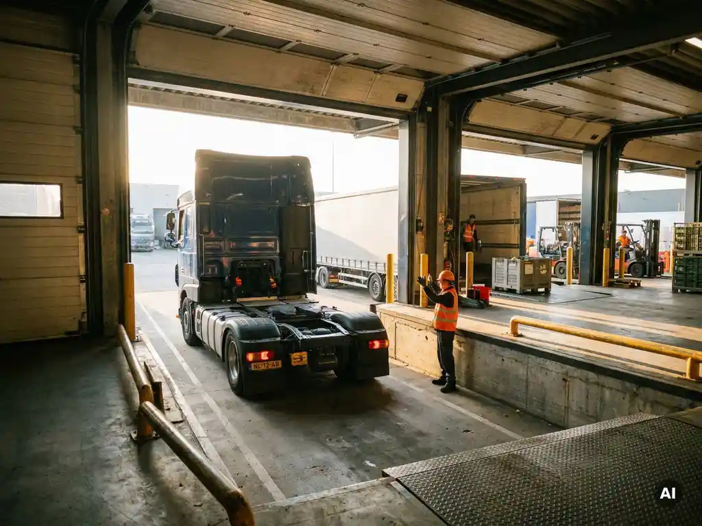 Vrachtwagen met Nederlands kenteken rijdt achteruit naar laaddok, begeleid door magazijnmedewerker in veiligheidsvest.