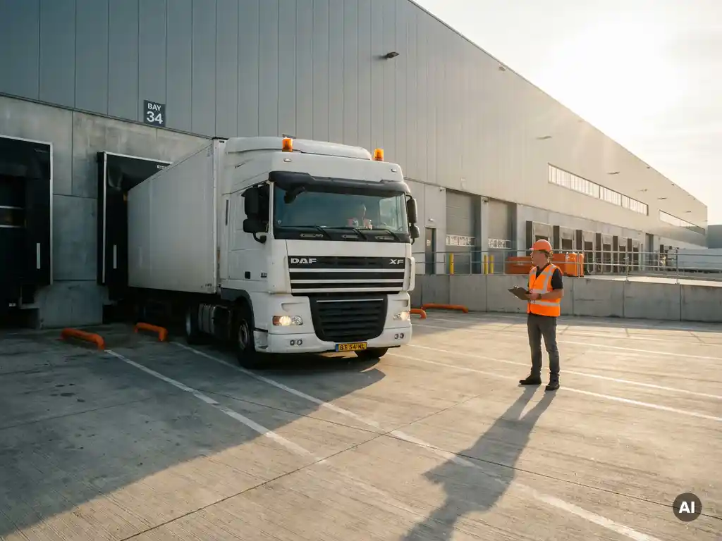 Witte vrachtwagen met Nederlands kenteken rijdt achteruit een laaddock in bij een modern distributiecentrum tijdens de late middag.