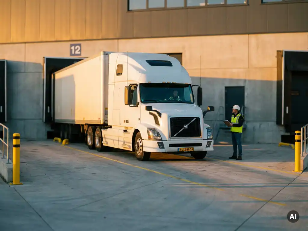 Witte vrachtwagen met Nederlands kenteken die achteruitrijdt naar een genummerd laaddok bij een modern distributiecentrum.