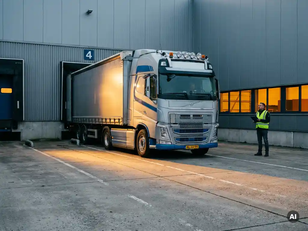 Nederlandse vrachtwagen die achteruit een genummerde laaddock inrijdt bij een distributiecentrum, magazijnbeheerder met klembord op de achtergrond.