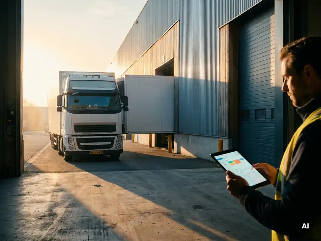 Witte vrachtwagen met Nederlands kenteken rijdt achteruit naar laaddock, terwijl een logistiek planner met tablet toekijkt in het late middaglicht.