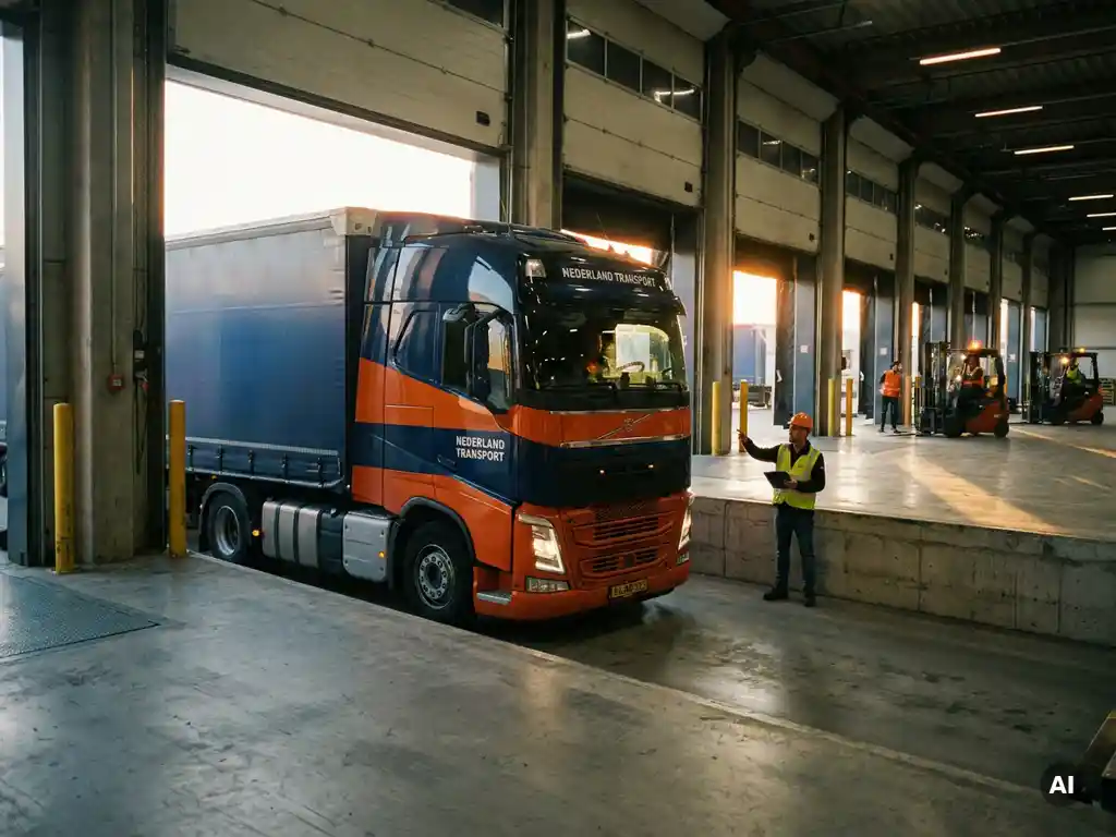 Nederlandse vrachtwagen die achteruitrijdt naar laaddok, logistiek manager met klembord toekijkend, industriële omgeving in marineblauw en oranje.