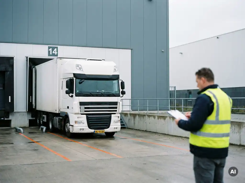 Witte vrachtwagen met Nederlands kenteken rijdt achteruit een genummerde laaddock in, logistiek planner met klembord observeert.
