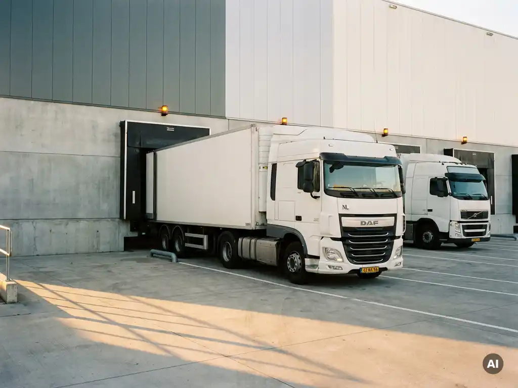 Witte vrachtwagen met Nederlands kenteken rijdt achteruit een laaddock in, tweede truck wacht in rij, moderne distributieloods, gouden middaglicht.