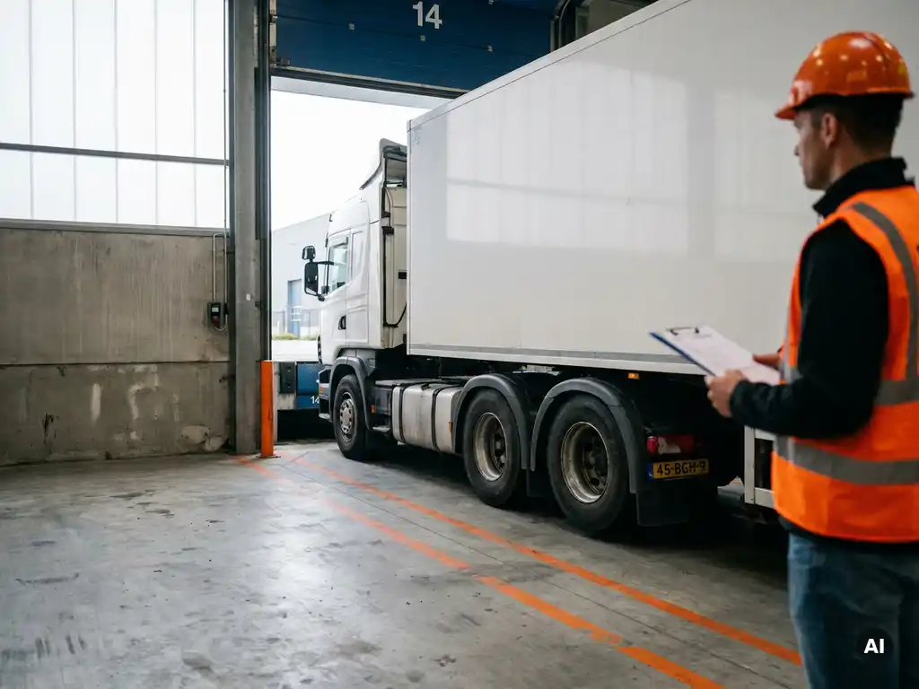 Witte vrachtwagen met Nederlands kenteken rijdt achteruit een genummerde laaddock-bay in, logistiek planner met klembord op de achtergrond.