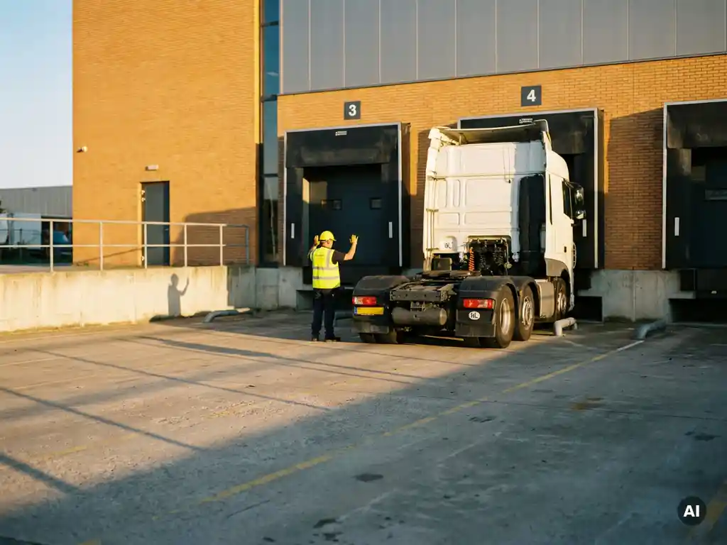 Witte vrachtwagen met Nederlands kenteken rijdt achteruit een genummerde laaddock-bay in, begeleid door een havenmedewerker in veiligheidsvest.