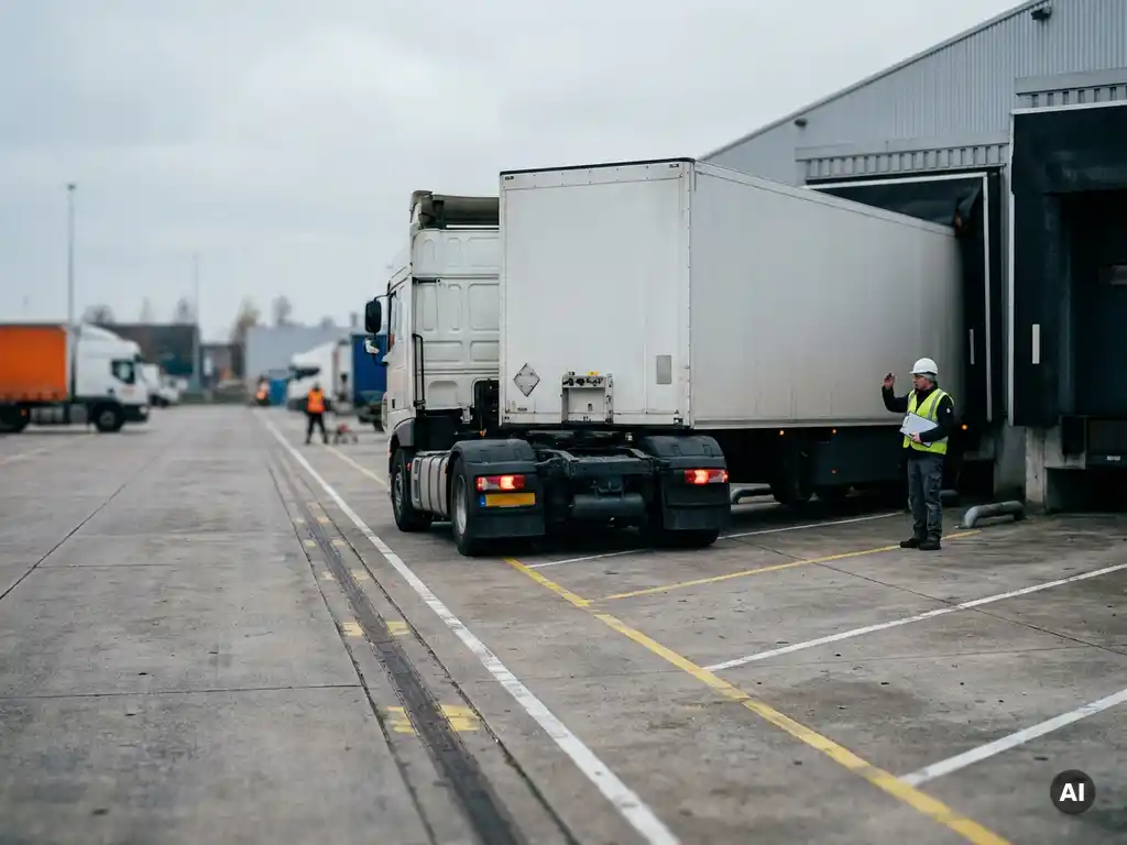 Witte vrachtwagen met Nederlands kenteken die achteruitrijdt naar een laaddock, logistiek coördinator met klembord op de achtergrond.