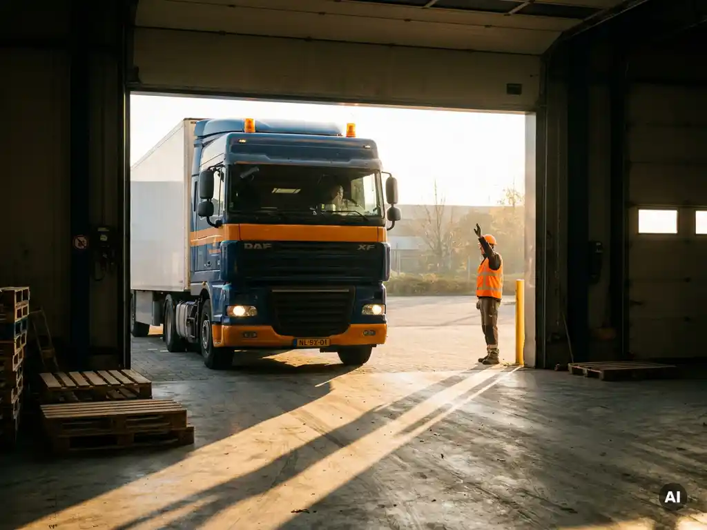 Nederlandse vrachtwagen die achteruitrijdt naar laaddok, begeleid door logistiek medewerker in veiligheidsvest met handsignalen, gouden middaglicht.