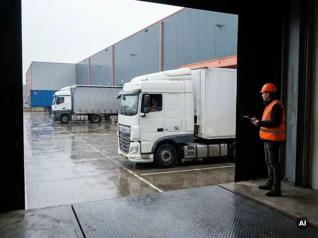Witte Nederlandse vrachtwagen rijdt laaddok binnen, twee trucks wachten op nat beton, logistiek coördinator in veiligheidsvest observeert op het perron.