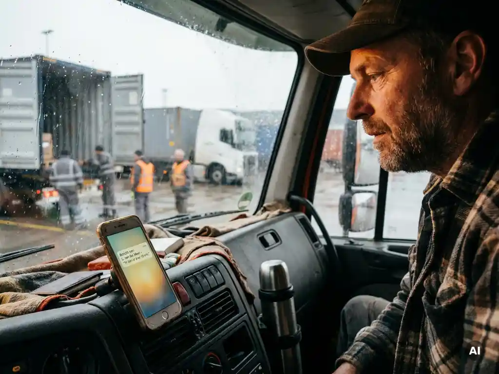 Nederlandse vrachtwagenchauffeur leest sms op smartphone in cabine, regendruppels op voorruit, laaddok op achtergrond.