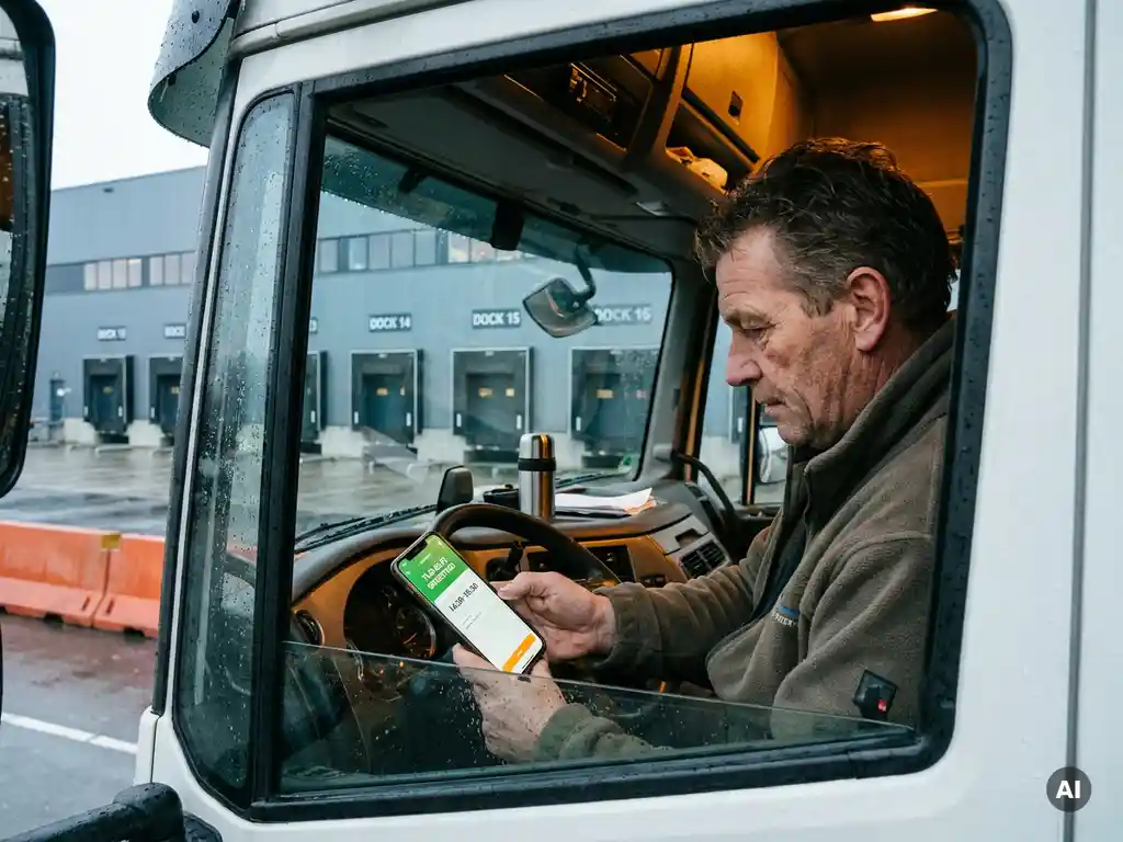 Vrachtwagenchauffeur in cabine controleert tijdslotbevestiging op smartphone, modern laaddok met genummerde deuren op achtergrond.