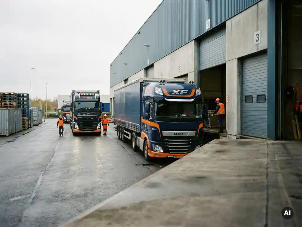 DAF-vrachtwagen rijdt achteruit naar een industrieel laaddok terwijl een tweede truck wacht, overcast daglicht, betonnen laadperron.