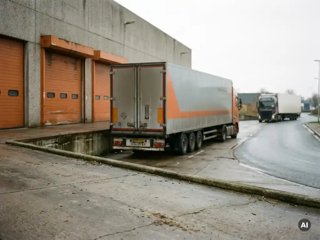 Gekoelde vrachtwagen wacht bij leeg laaddok van betonnen magazijn, tweede truck rijdt weg op de achtergrond.