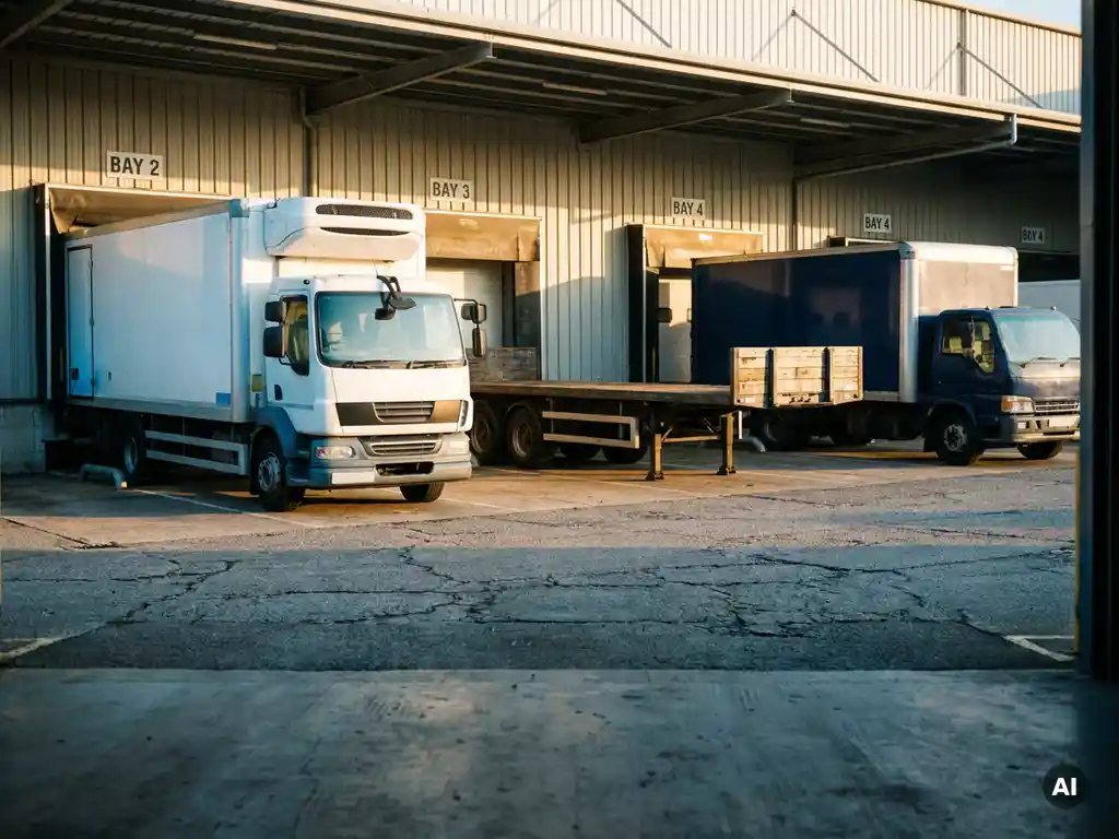 Gekoelde vrachtwagen, flatbed trailer en bestelwagen bij laaddocks van modern distributiecentrum in vroeg ochtendlicht.