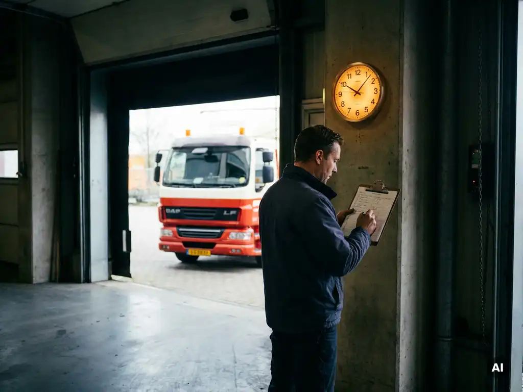 Logistiek planner vergelijkt klembordschema met wandklok bij laaddock, Nederlandse vrachtwagencabine op achtergrond.