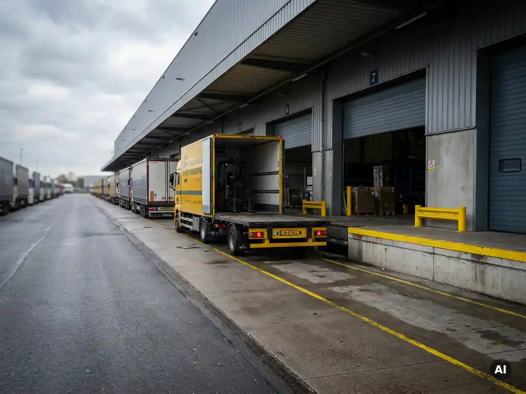 Nederlandse vrachtwagens in rij bij druk magazijn laaddok tijdens piekseizoen, één truck actief beladen onder bewolkte hemel.
