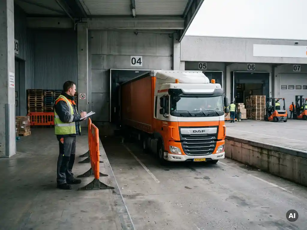 Oranje-witte Nederlandse vrachtwagen rijdt laaddok in terwijl magazijnmedewerker met klembord toekijkt.