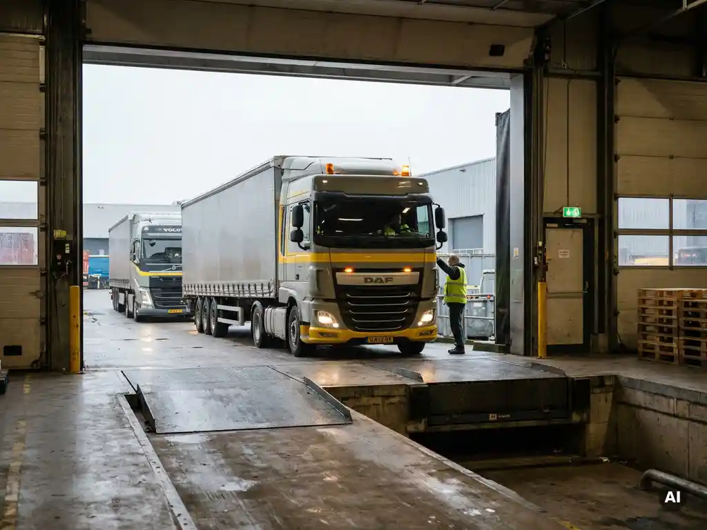 DAF-vrachtwagen rijdt achteruit een industrieel laaddok in, met een tweede truck in de rij en open magazijndeuren op de achtergrond.