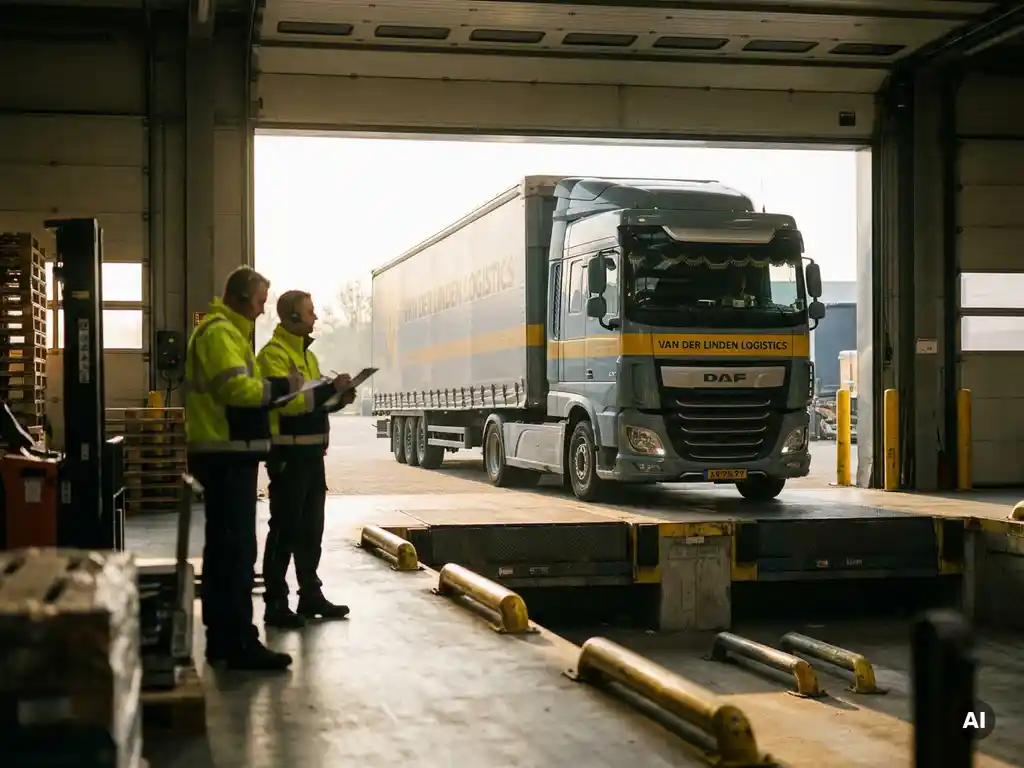 Nederlandse oplegger die achteruit een magazijndock inrijdt, begeleid door magazijnmedewerkers met klemborden in warm middaglicht.