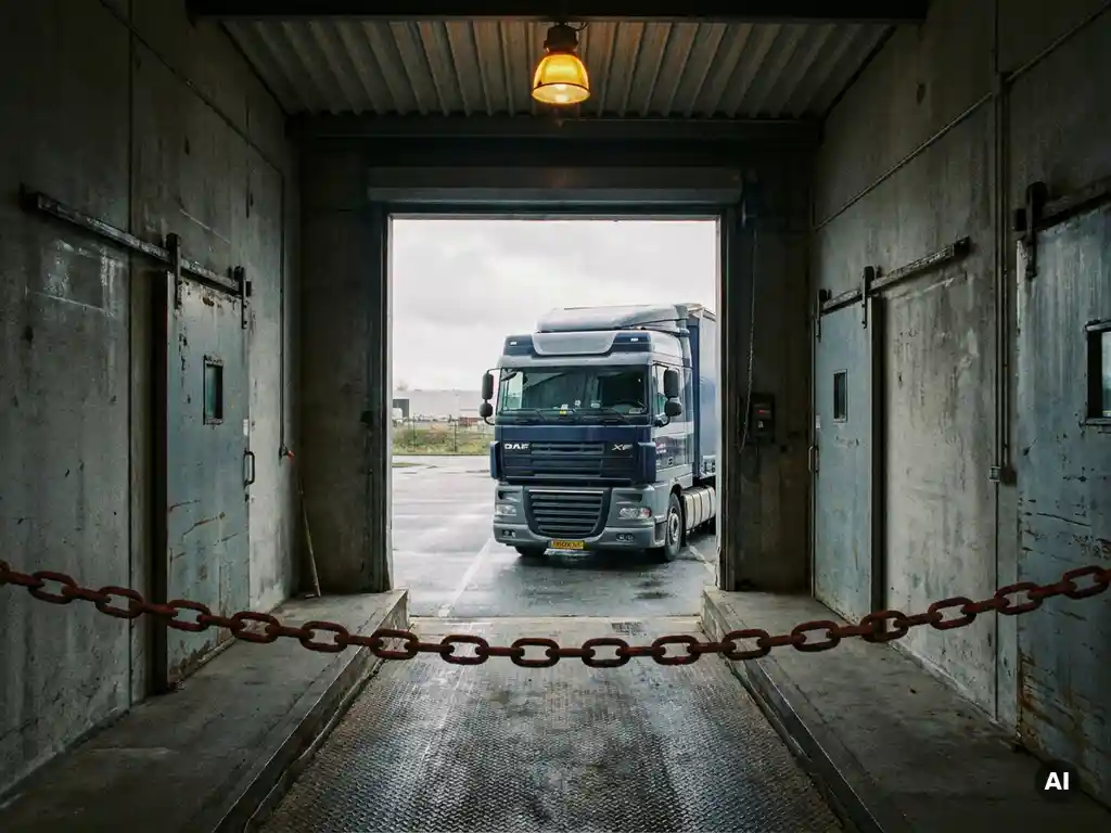 Rode ketting blokkeert laaddock met zicht op Nederlandse vrachtwagencabine, betonnen muren en stalen deuren op de achtergrond.
