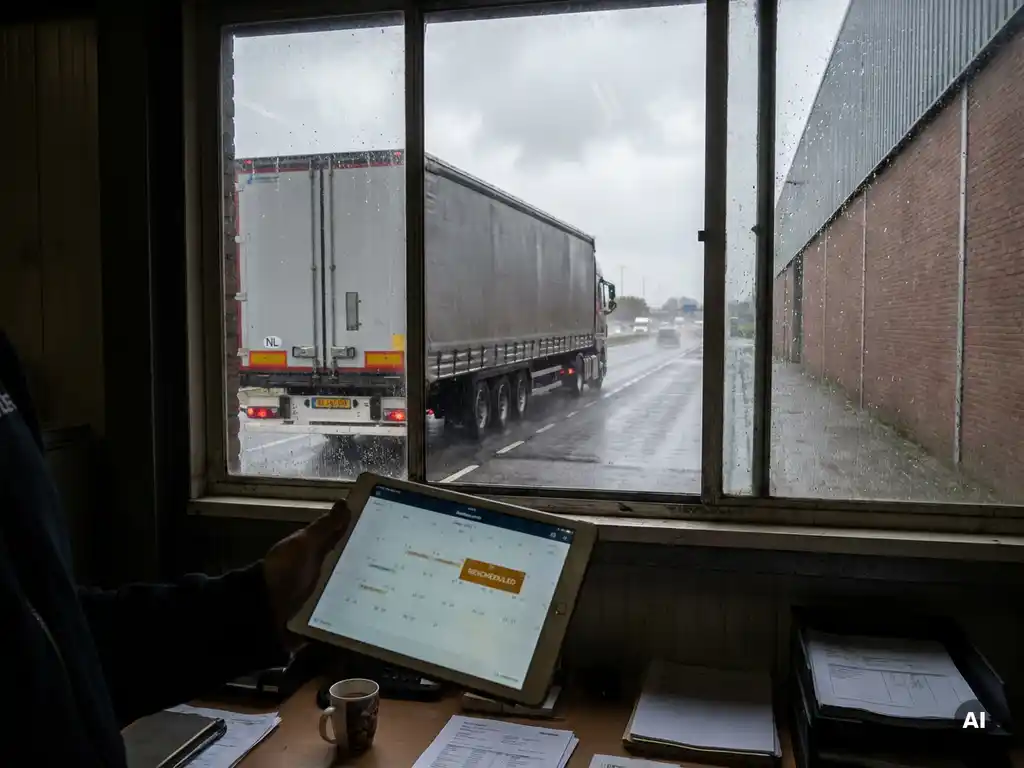Logistiek planner bekijkt dockplanning op tablet terwijl een vrachtwagen in de regen rijdt, zichtbaar door magazijnraam.