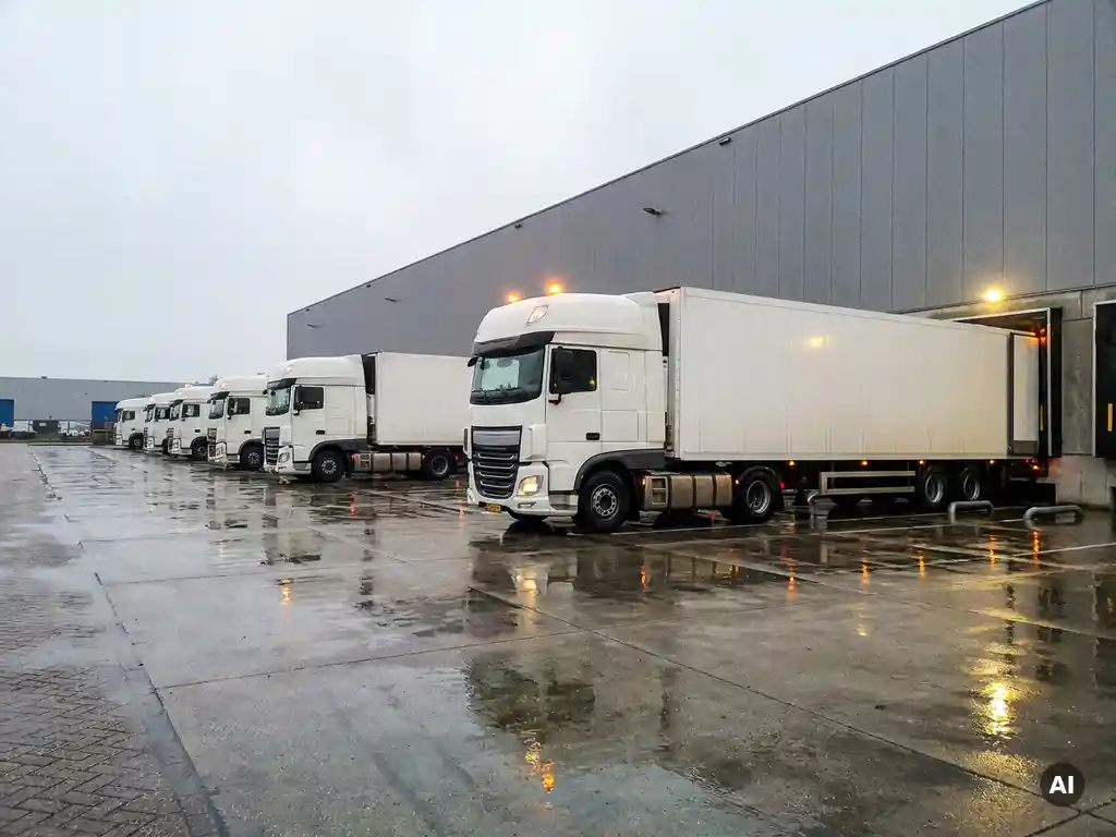 Witte vrachtwagens in rij bij druk magazijn laadperron, één truck die achteruitrijdt in open laadkuil, betonnen logistiek terrein.