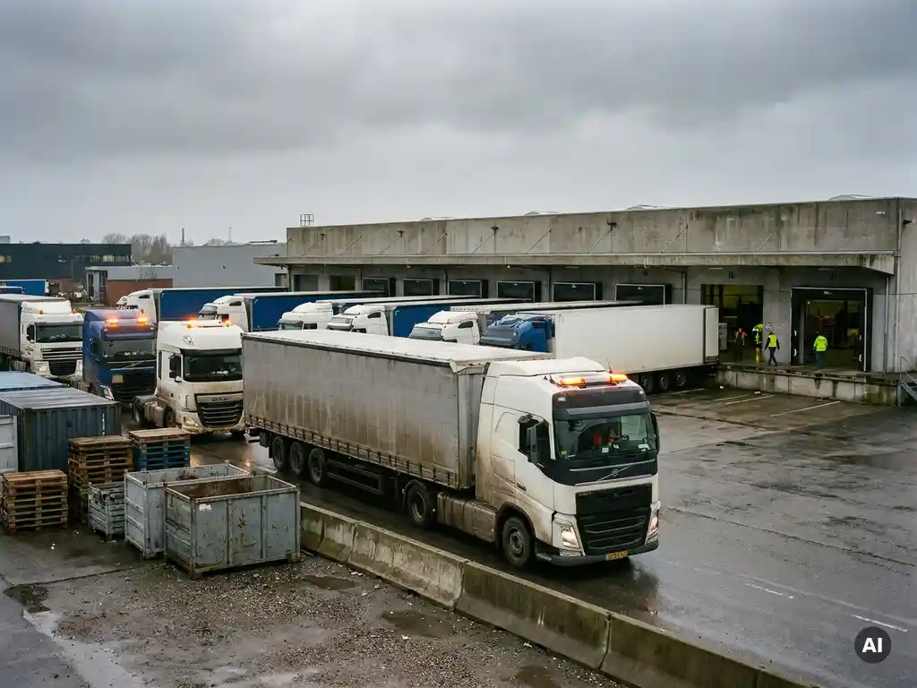 Rij DAF- en Volvo-trucks bij een druk distributiecentrum, met wachtende opleggers en dokwerkers bij de laadkades onder bewolkte lucht.
