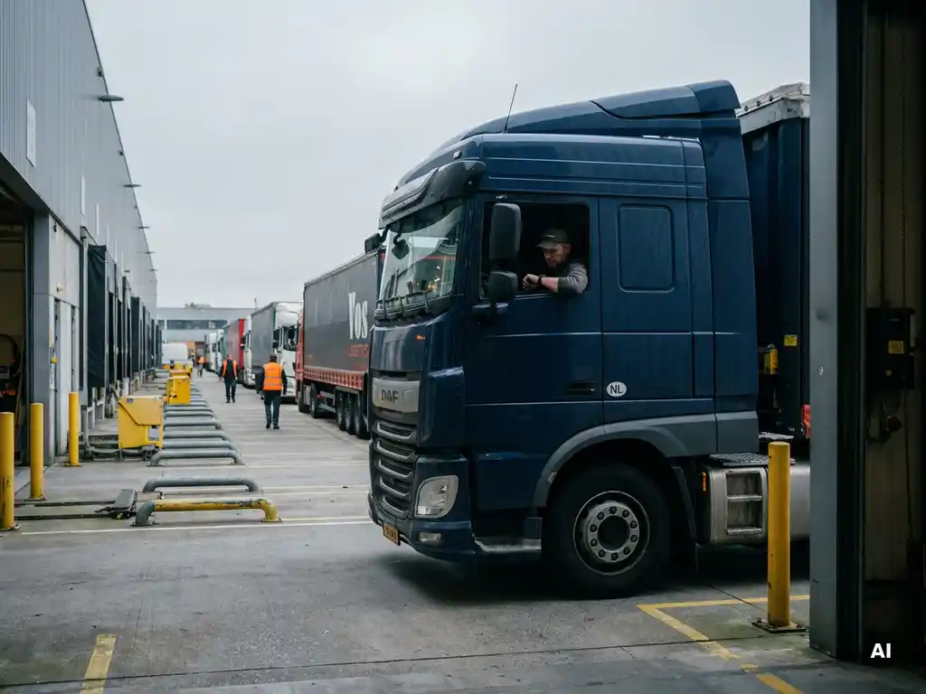 Nederlandstalige vrachtwagenchauffeur controleert zijn horloge in de cabine tijdens wachtrij bij druk distributiecentrum.